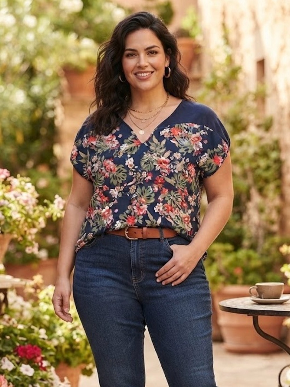 Atlas For Women Navy Tropical Floral Print Short Sleeve Top Relaxed Fit Travel